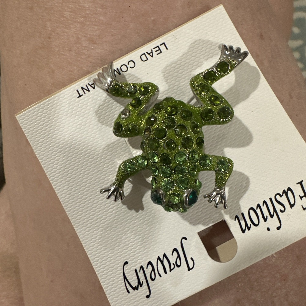 Green Rhinestone Frog Brooch 2" Pin‎ Jewelry Sparkly Costume Froggy Fun